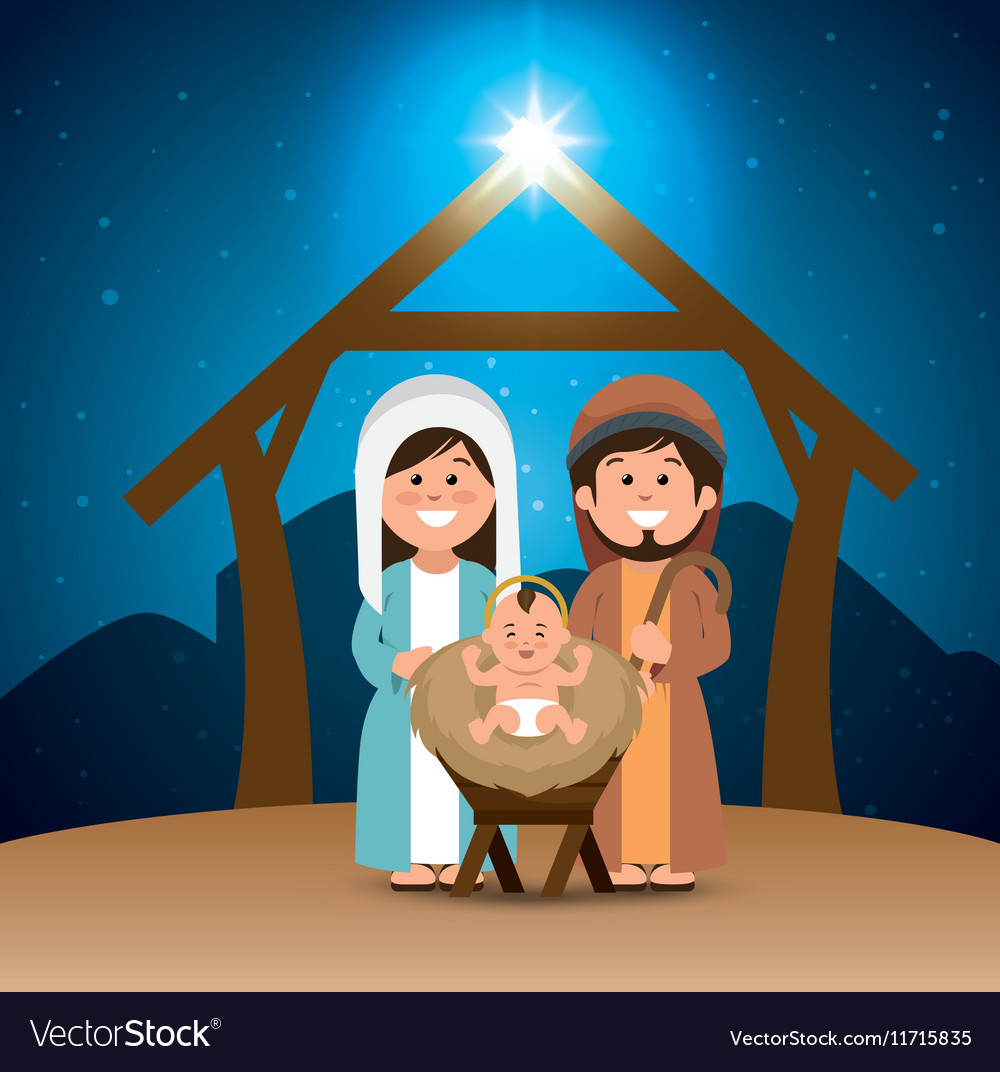 Holy family merry christmas manger Royalty Free Vector Image