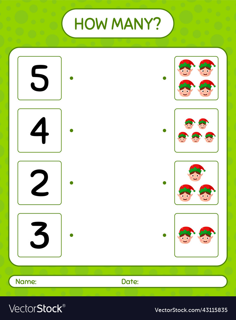 How many counting game with elf worksheet Vector Image How many counting game with elf worksheet