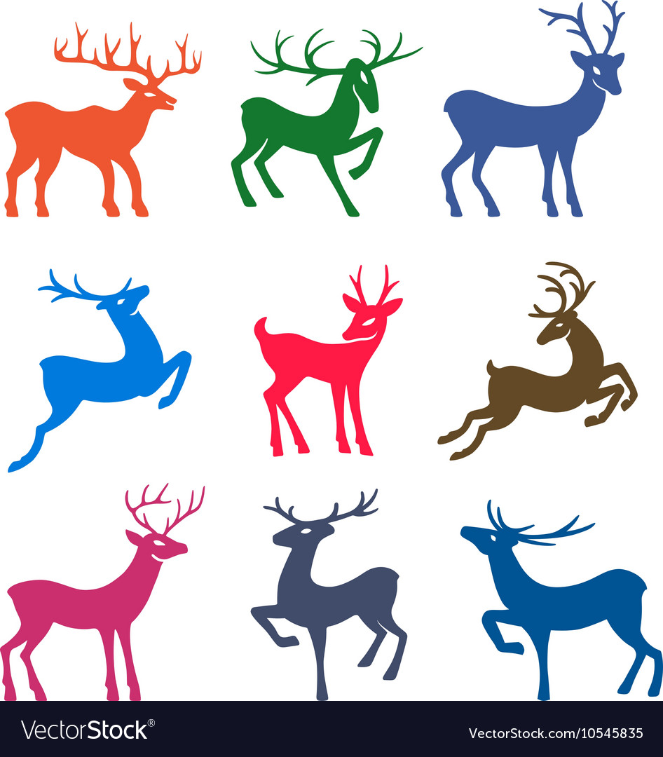 Nine colored deer set silhouettes