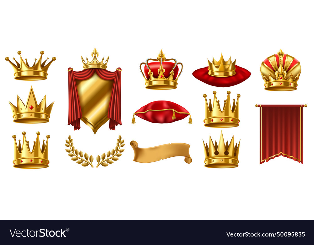 Realistic 3d royal elements golden crown on red Vector Image