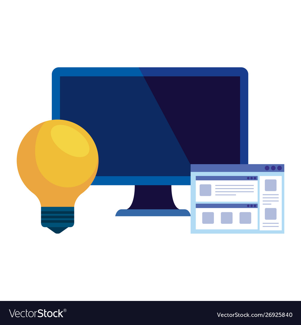 Desktop computer with webpage template and bulb