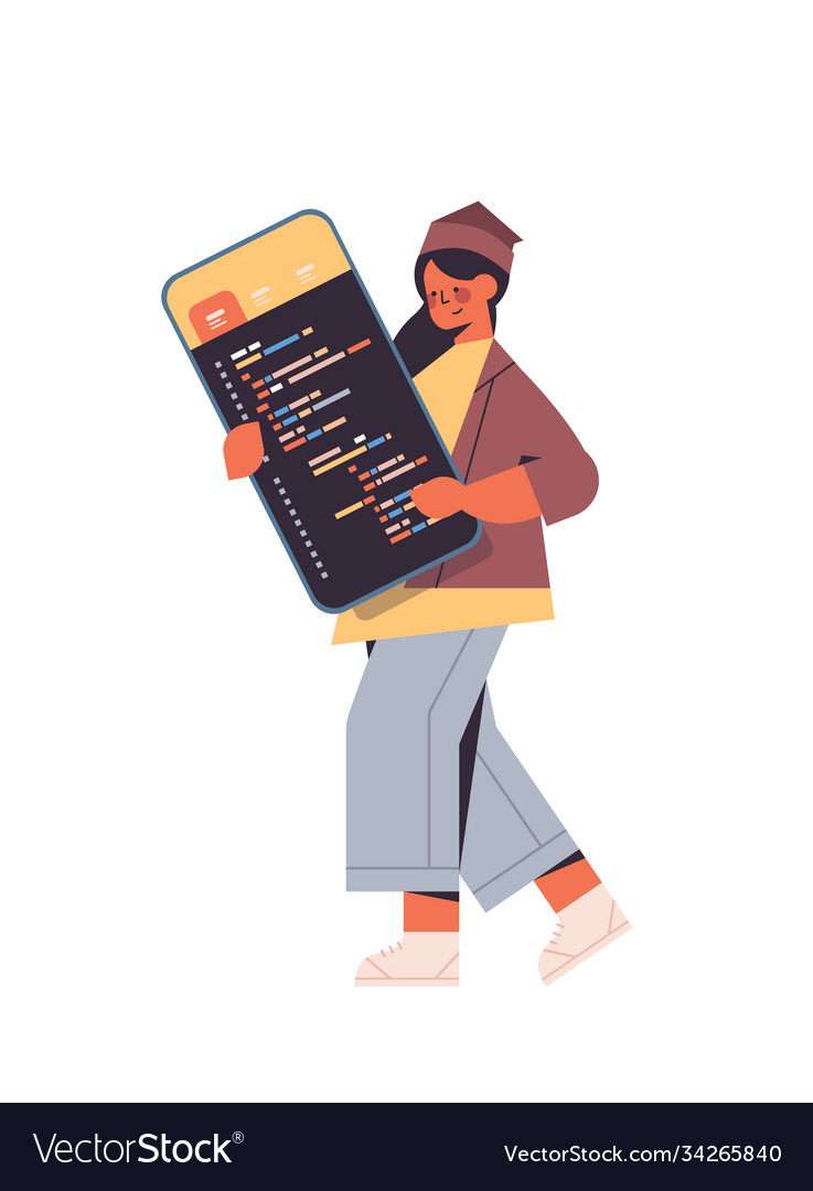 Female web developer using smartphone creating vector image Female web developer using smartphone creating