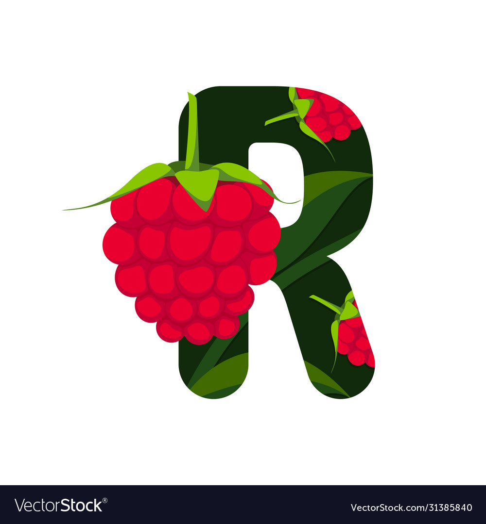 Letter r with green leaves and raspberry