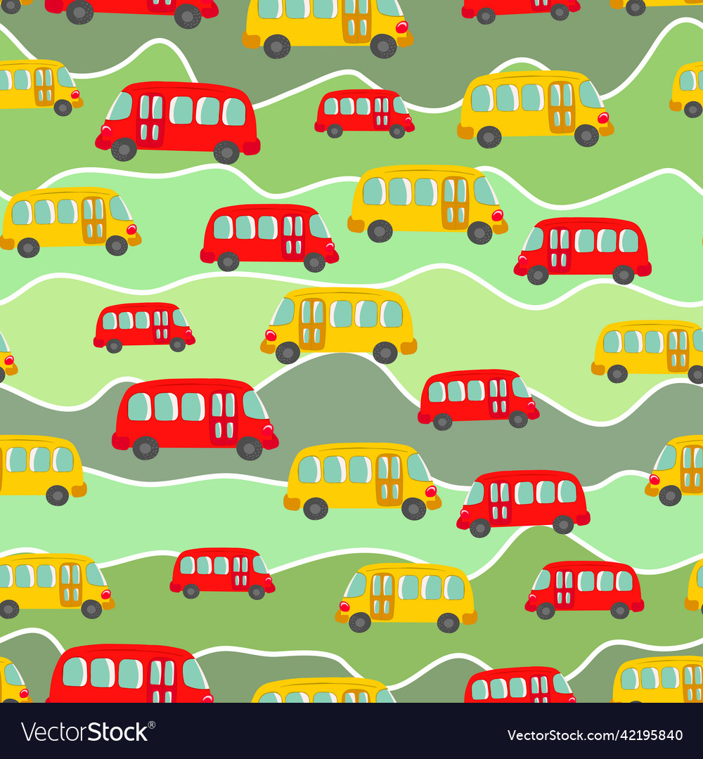 Seamless pattern with cute bus car on color vector image Seamless pattern with cute bus car on color