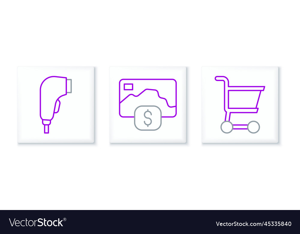 Set line shopping cart scanner scanning bar code vector image Set line shopping cart scanner scanning bar code