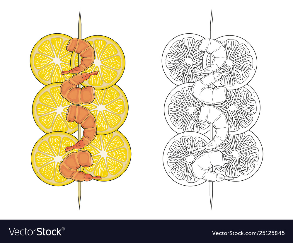 Grilled shrimps on skewer with lemon color