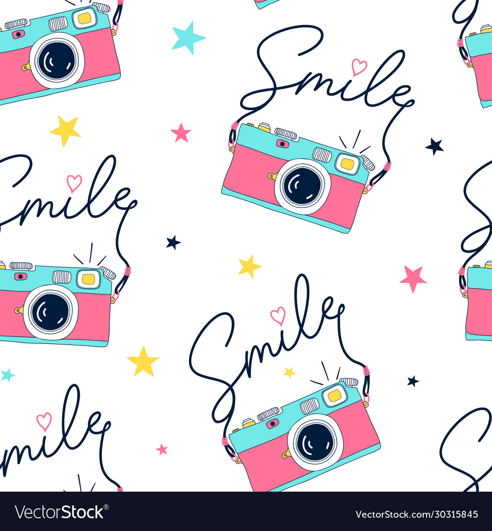 Hand drawing print design camera and slogan vector image Hand drawing print design camera and slogan