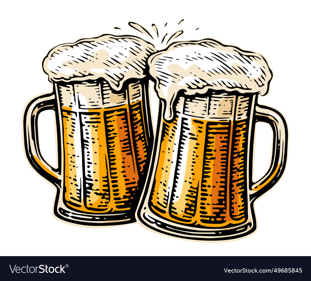 Hand drawn two toasting beer mugs clinking glass Vector Image