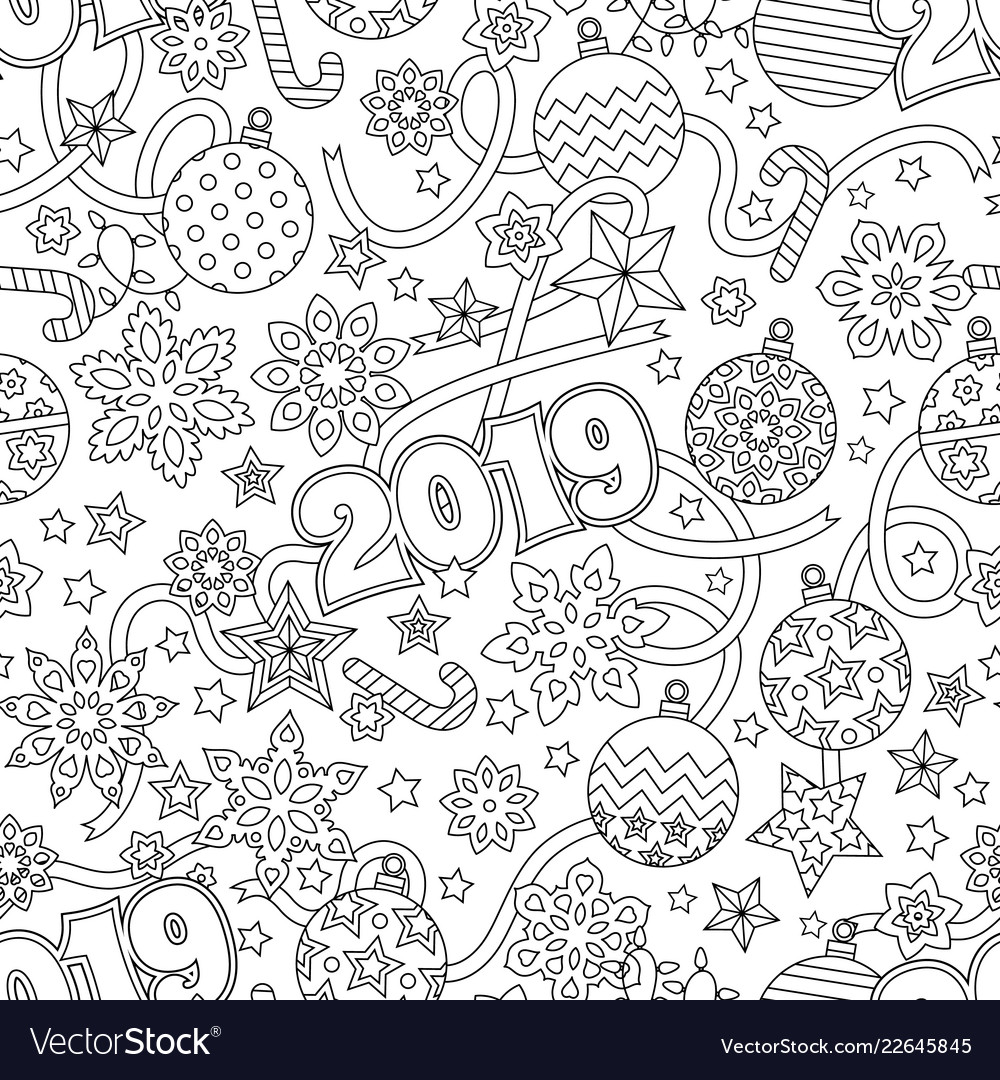 New year 2019 hand drawn outline festive seamless vector image New year 2019 hand drawn outline festive seamless