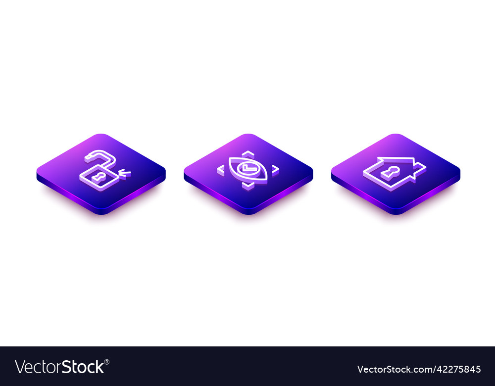 Set isometric line open padlock eye scan