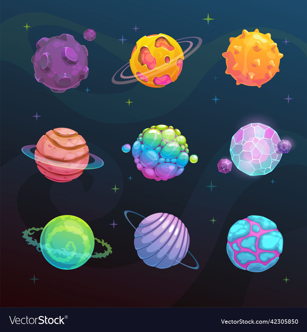 Cartoon planets set space fantasy assets