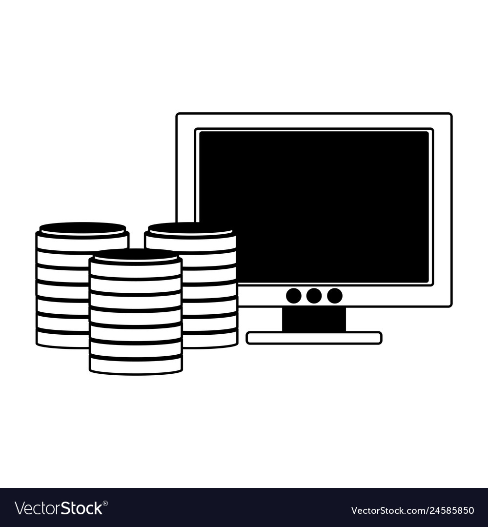 Pc screen with disks storage in black and white vector image Pc screen with disks storage in black and white