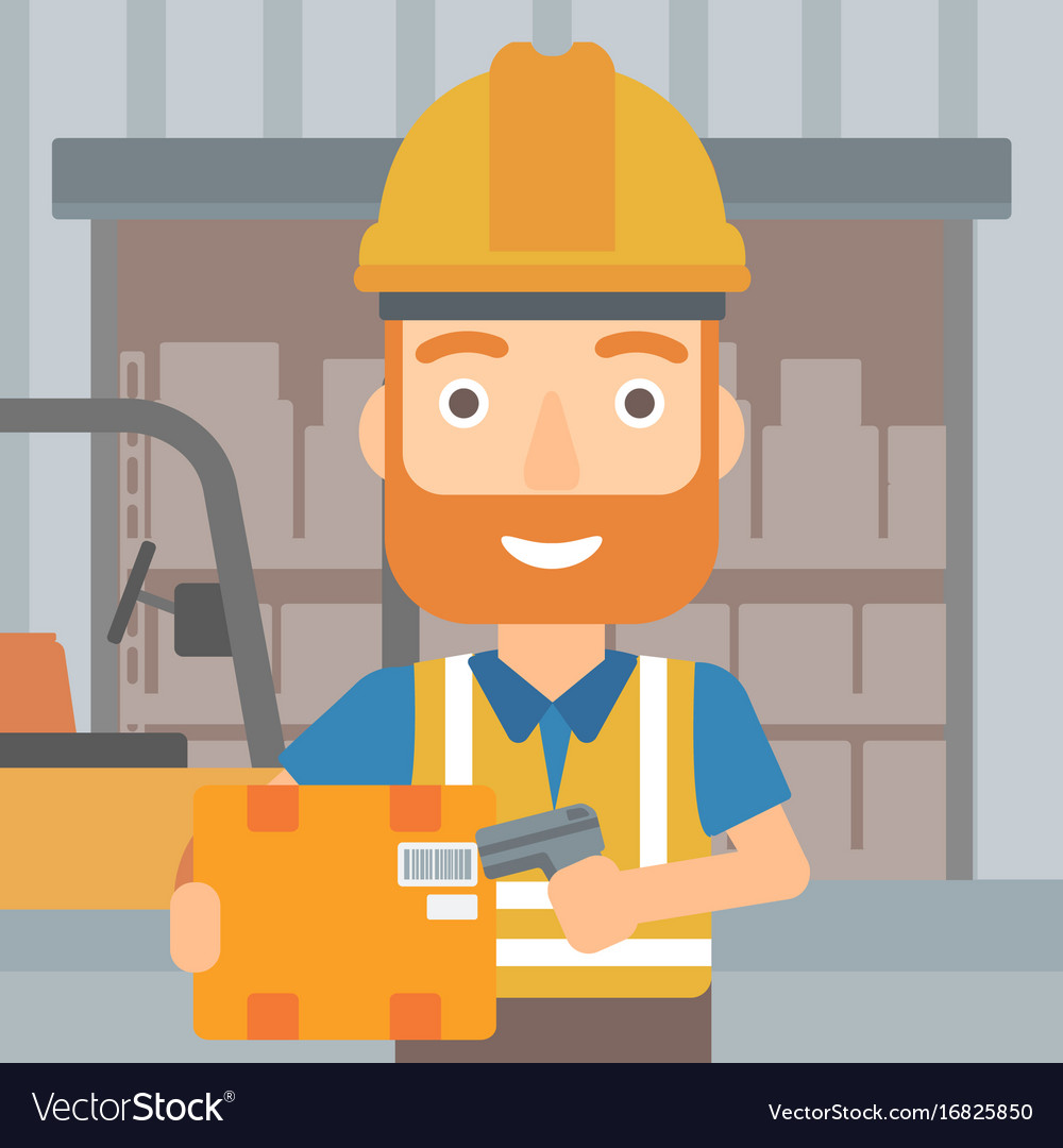 Worker checking barcode on box