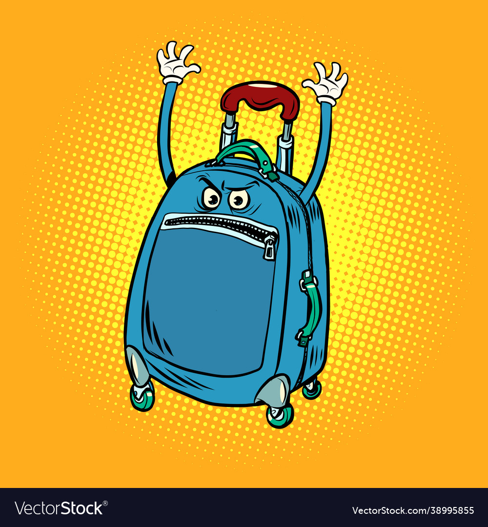 Funny angry tourist suitcase with raised hands