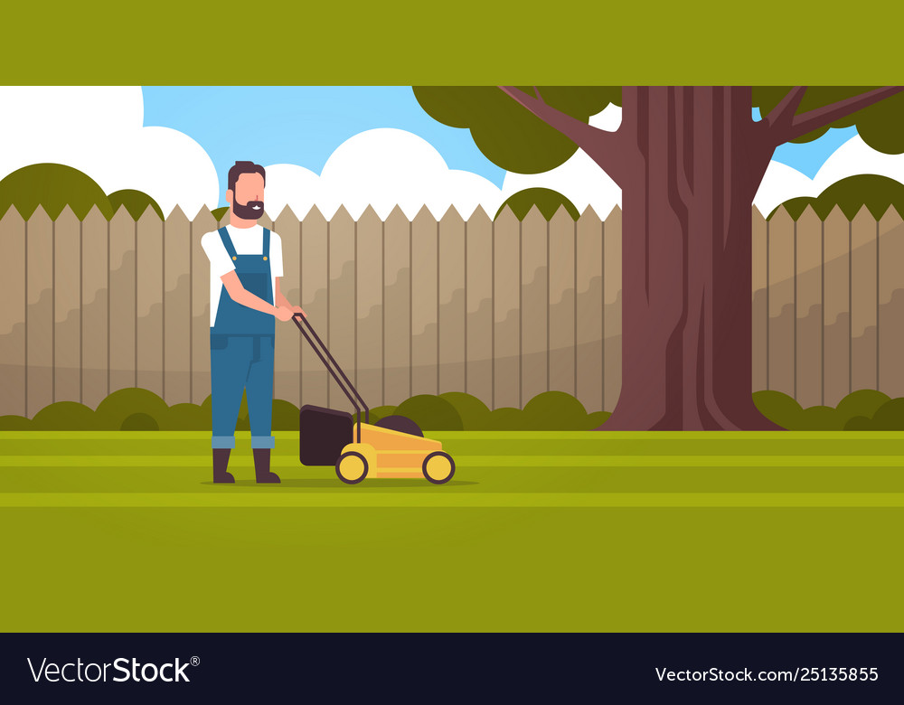 Man gardener cutting green grass with lawn mover