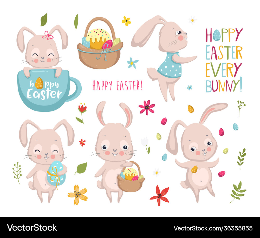 Set easter elements with bunny eggs flowers Vector Image