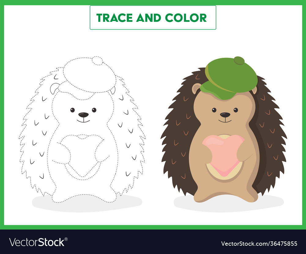 Trace and color cute hedgehog with a heart