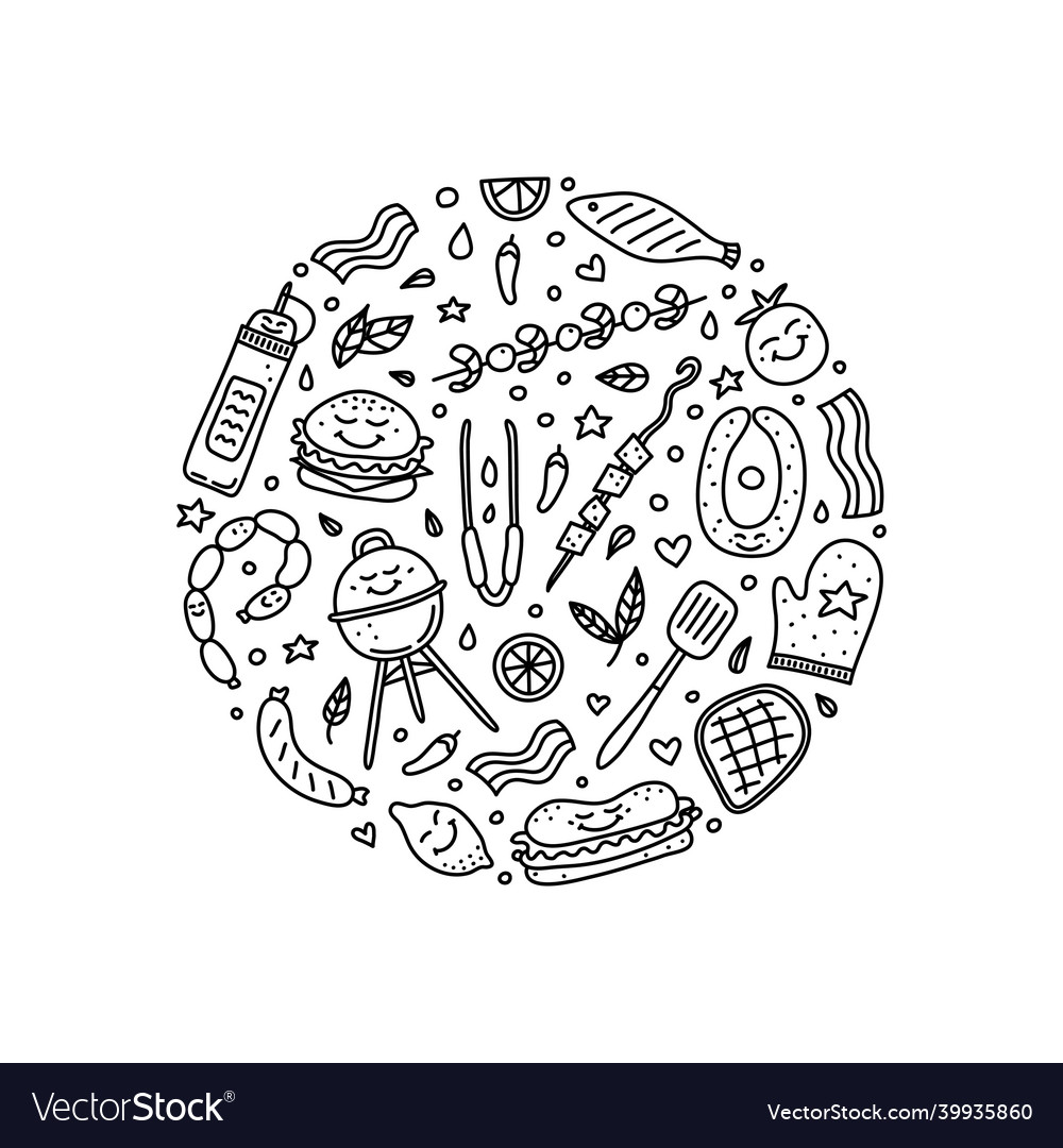 Doodle barbecue picnic icons in circle Royalty Free Vector