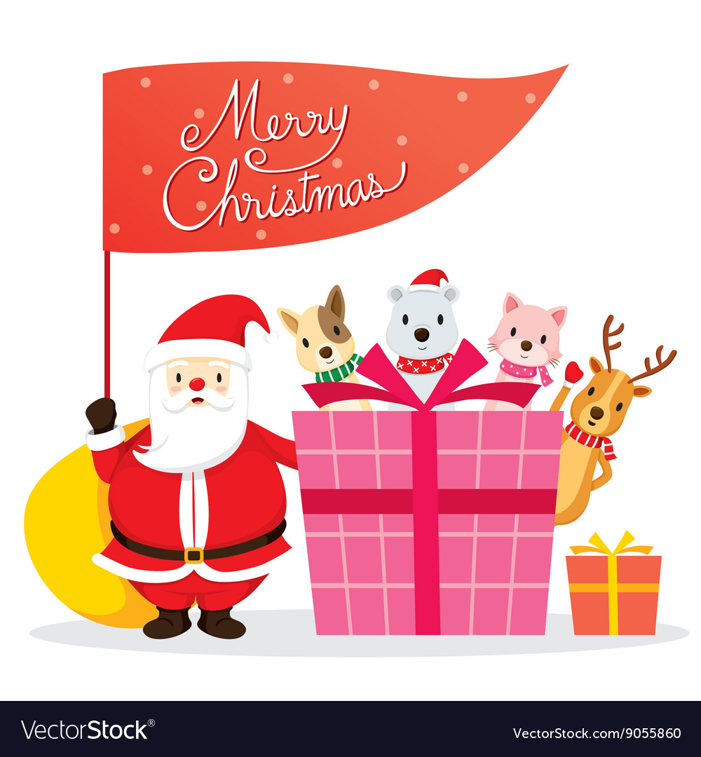 Santa claus animals and gift box