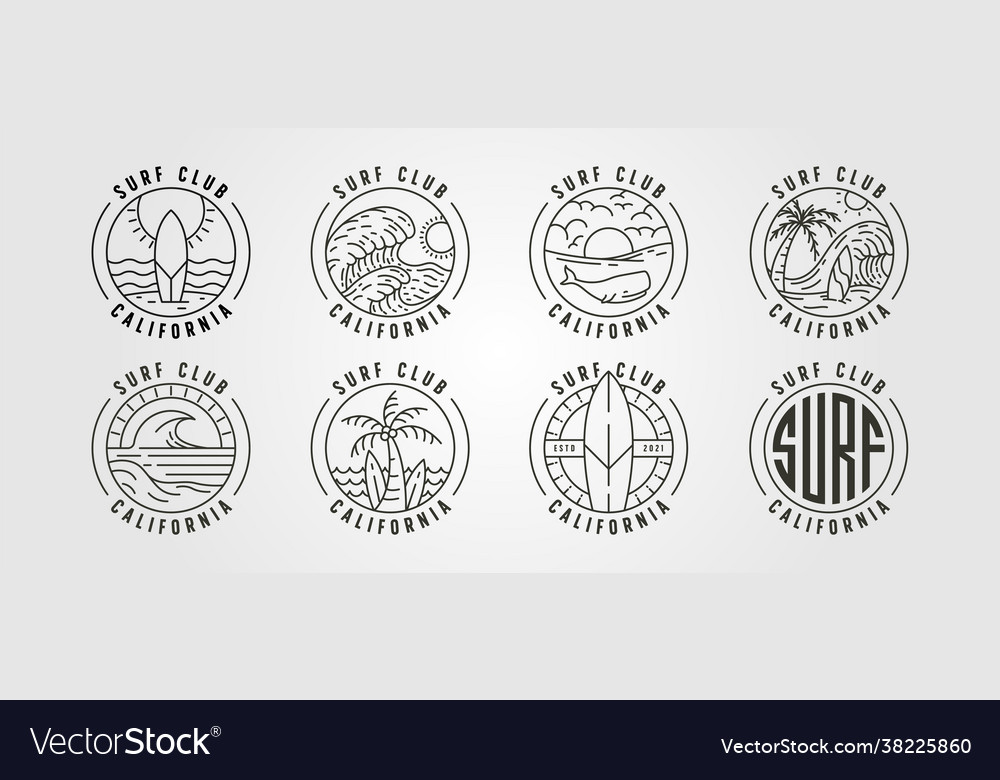 Set line art california surf club icon logo vector image Set line art california surf club icon logo