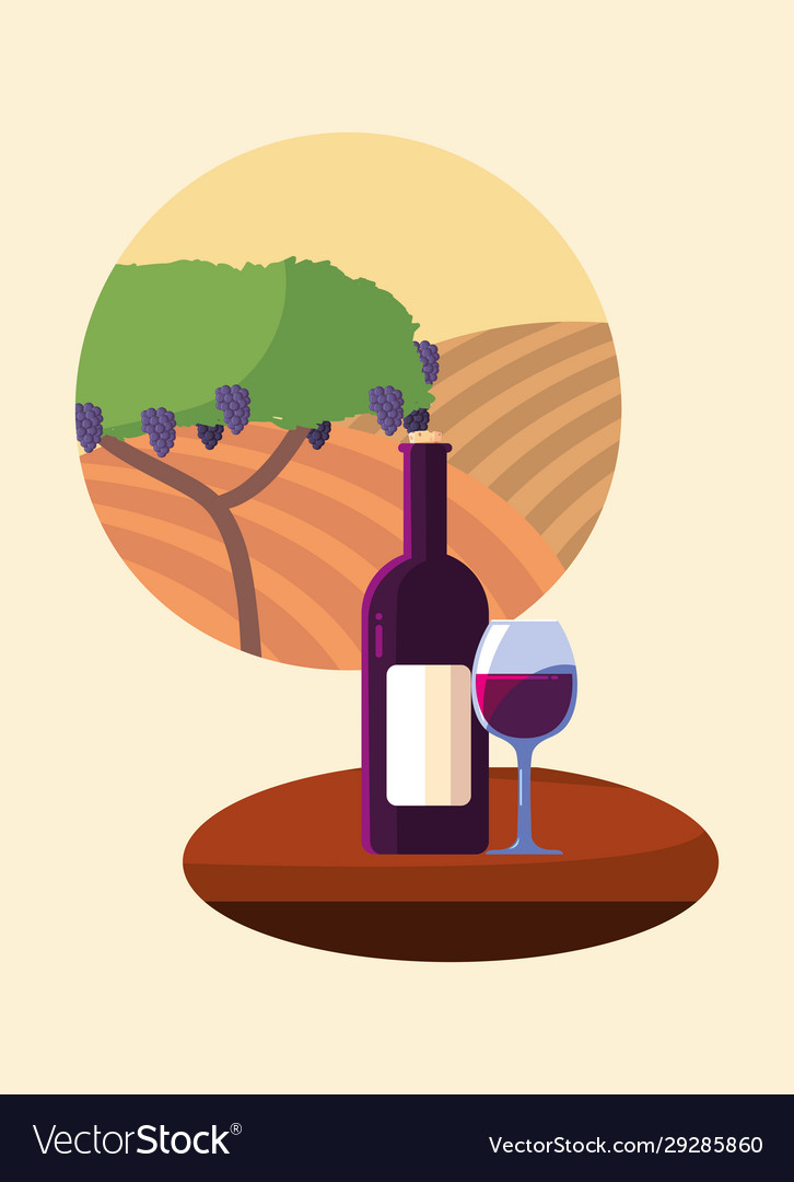 Wine bottle and cup in front grapes tree Vector Image