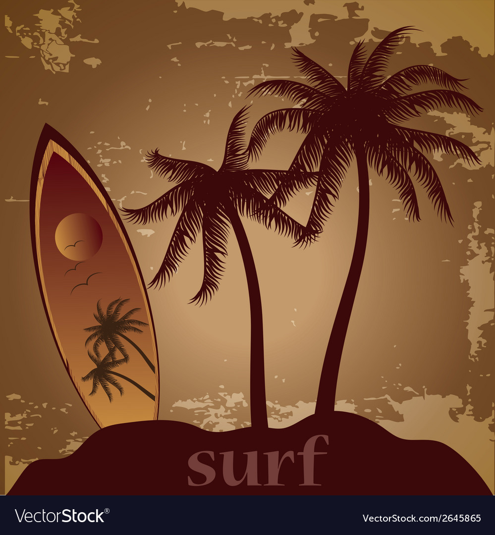 A surfboard with some palms and text near