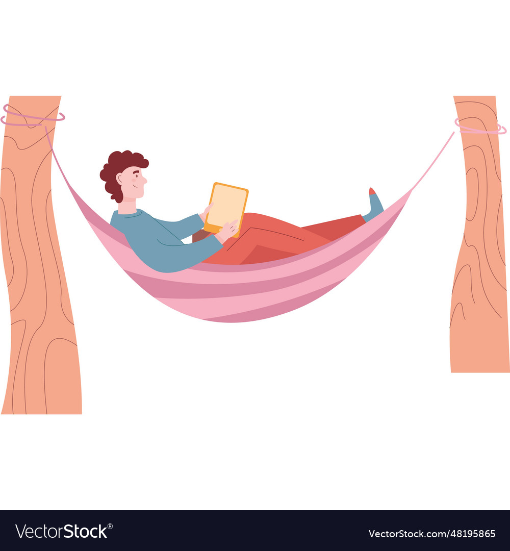 Man using laptop mobile tablet lying in hammock