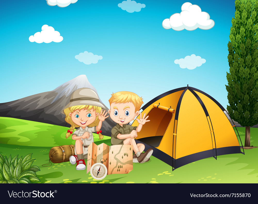 Boy and girl camping in the park