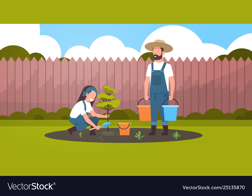 Couple farmers planting young tree man holding