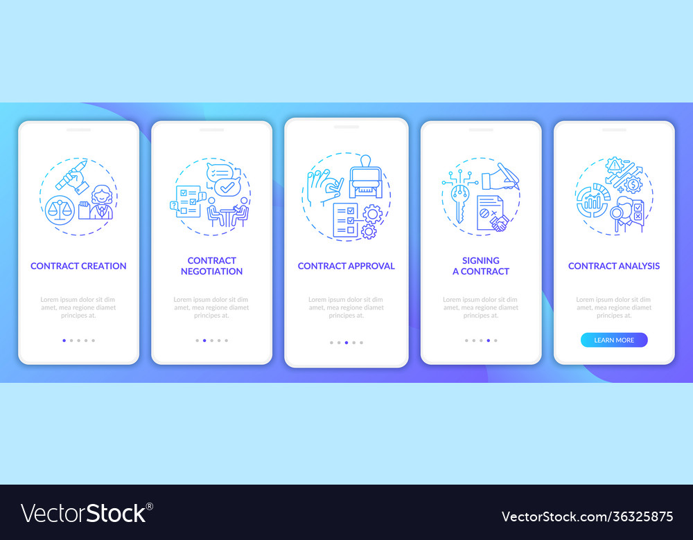 Contract lifecycle steps onboarding mobile app vector image Contract lifecycle steps onboarding mobile app