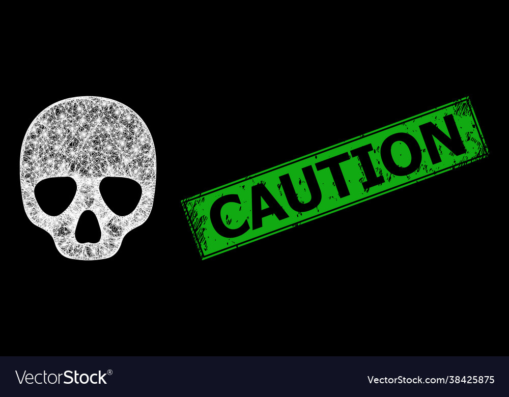 Grunged caution badge and net skull web mesh vector image Grunged caution badge and net skull web mesh