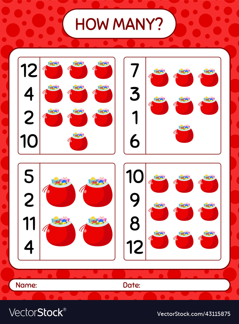 How many counting game with santas bag worksheet