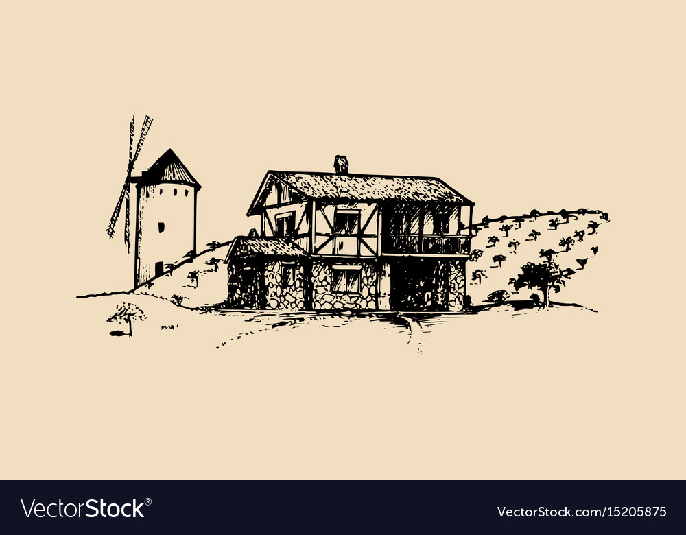 Sketch of village with windmill fields