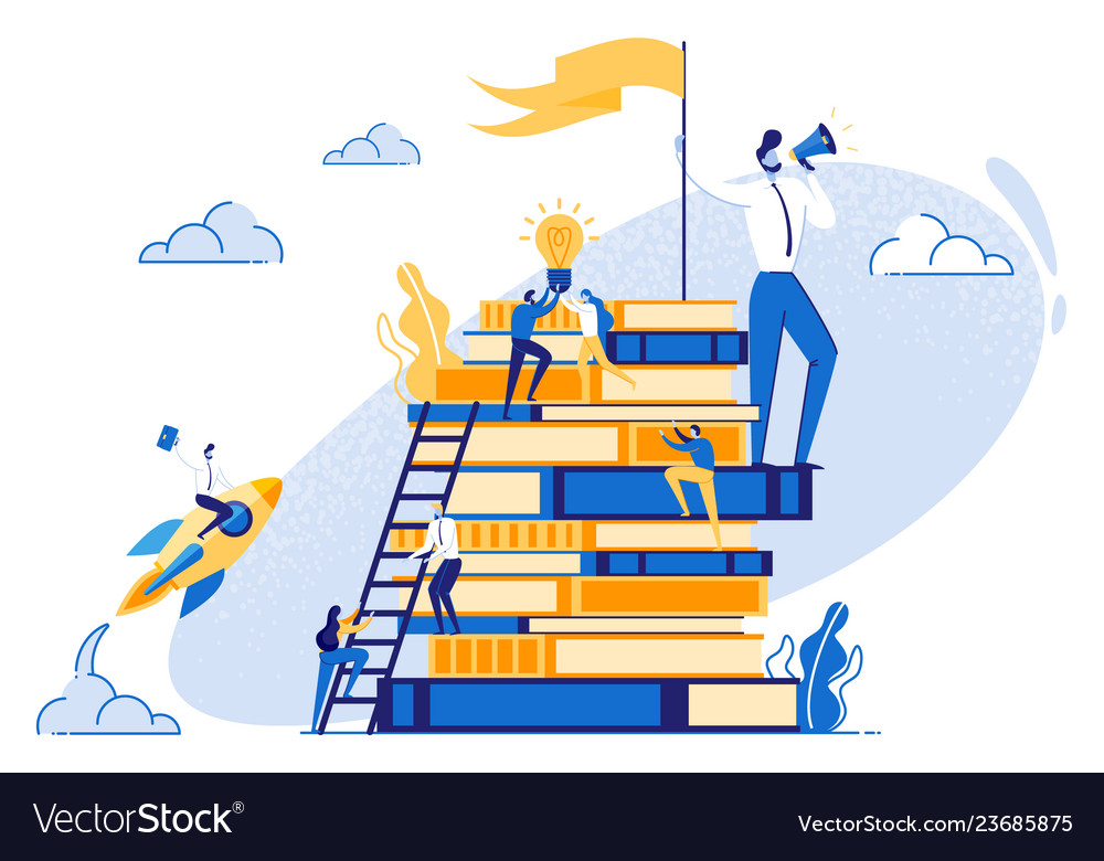 Small people on stack of books teamwork education