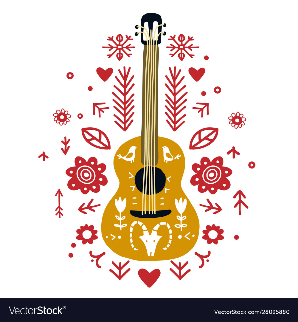 Guitar flat hand drawn in ethnic style