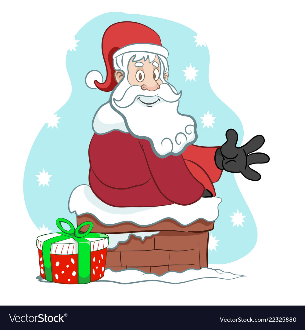 Santa on a chimney with present waving Royalty Free Vector