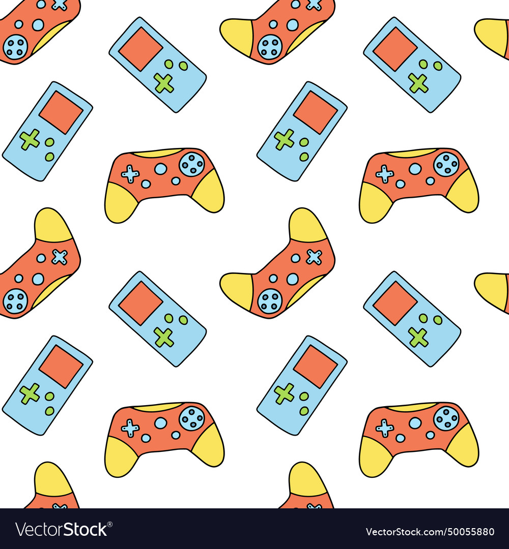 Seamless pattern with cartoon joystick and gamepad
