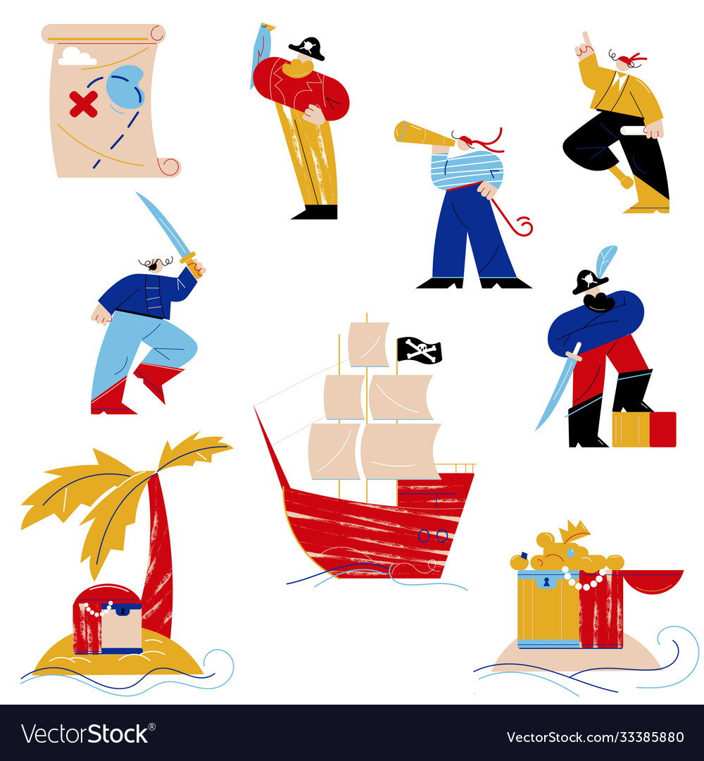 Set pirates in costumes and objects connected vector image Set pirates in costumes and objects connected