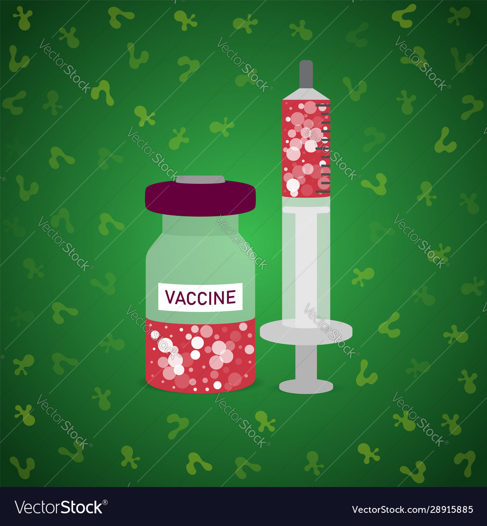 Bottle and syringe with vaccine on green