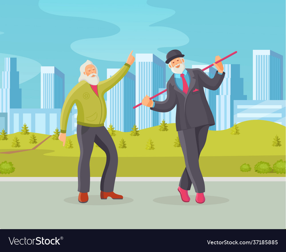 Elderly men senior age person dances in retro