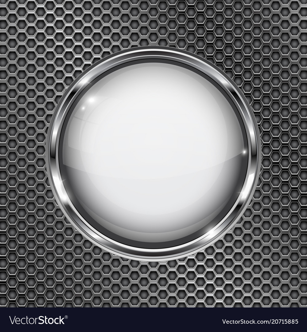 Round white 3d button with chrome frame on metal Vector Image