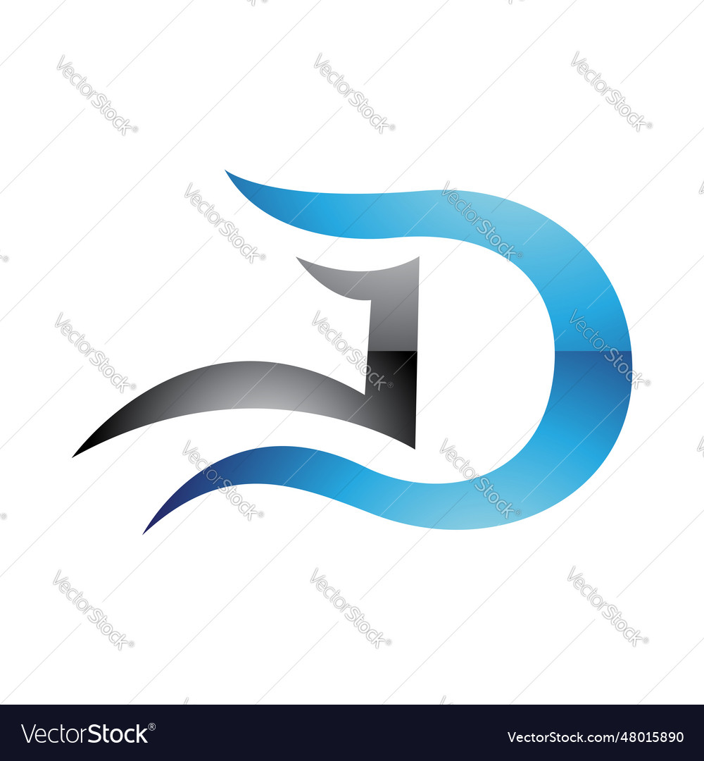 Blue and black glossy letter d icon with wavy