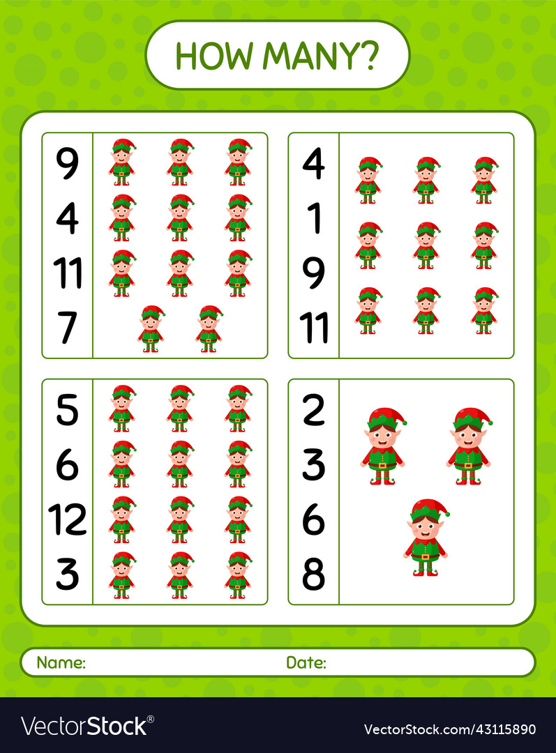 How many counting game with elf worksheet Vector Image How many counting game with elf worksheet