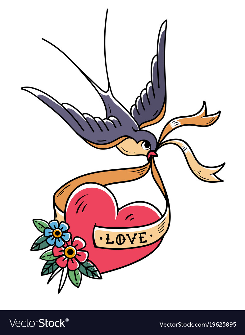 Swallow carries over red heart on ribbon love