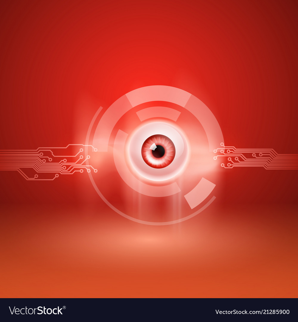 Red background with eye and circuit vector image Red background with eye and circuit