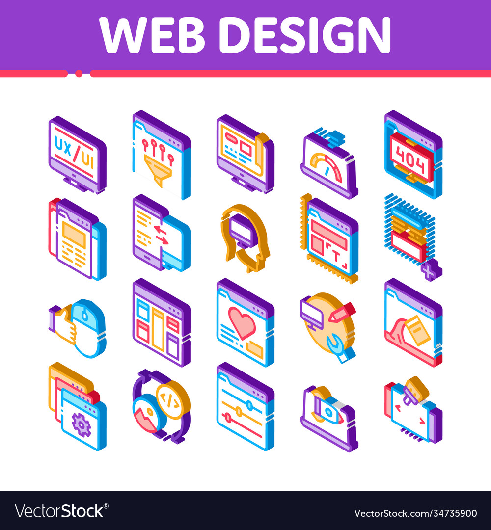 Web design development isometric icons set vector image Web design development isometric icons set