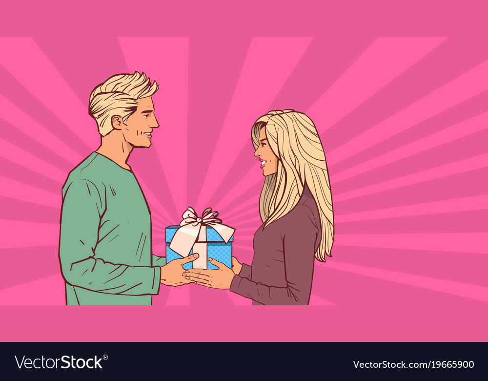 Young Man Give Gift Box To Woman Holiday Present Vector Image