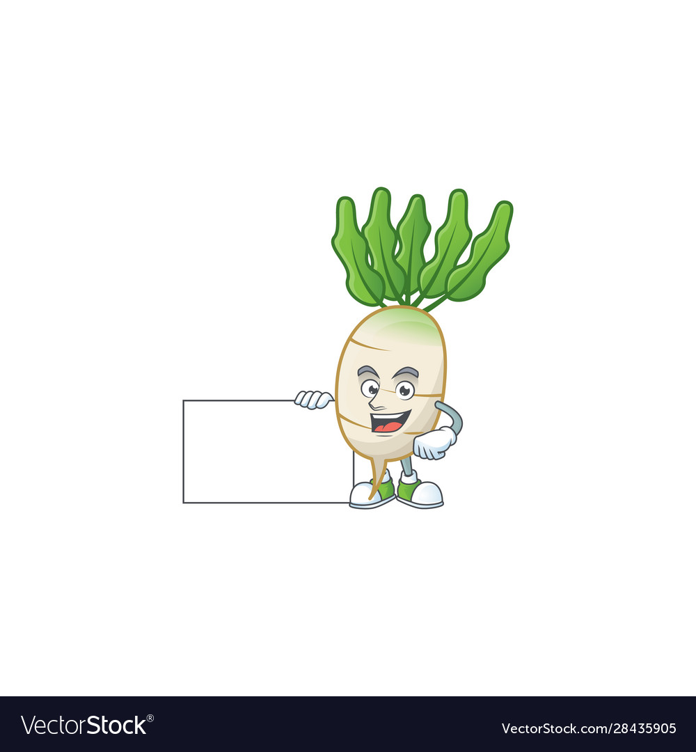 Cute daikon cartoon character with a board