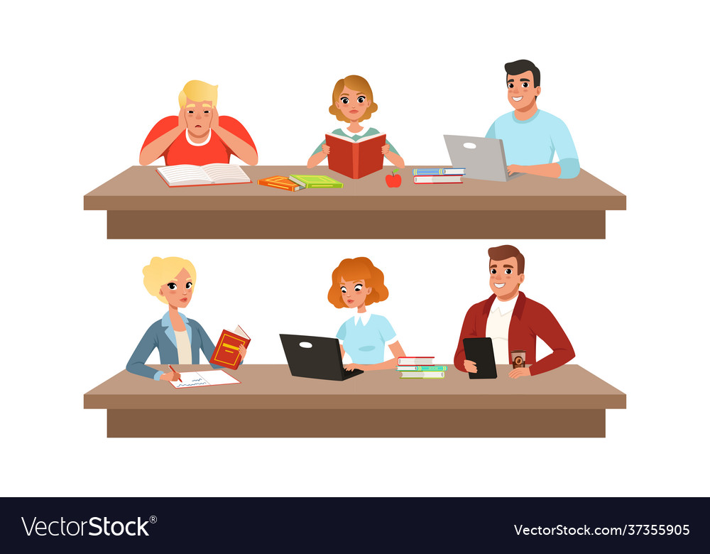 Table reading books working at laptop computer vector image Table reading books working at laptop computer