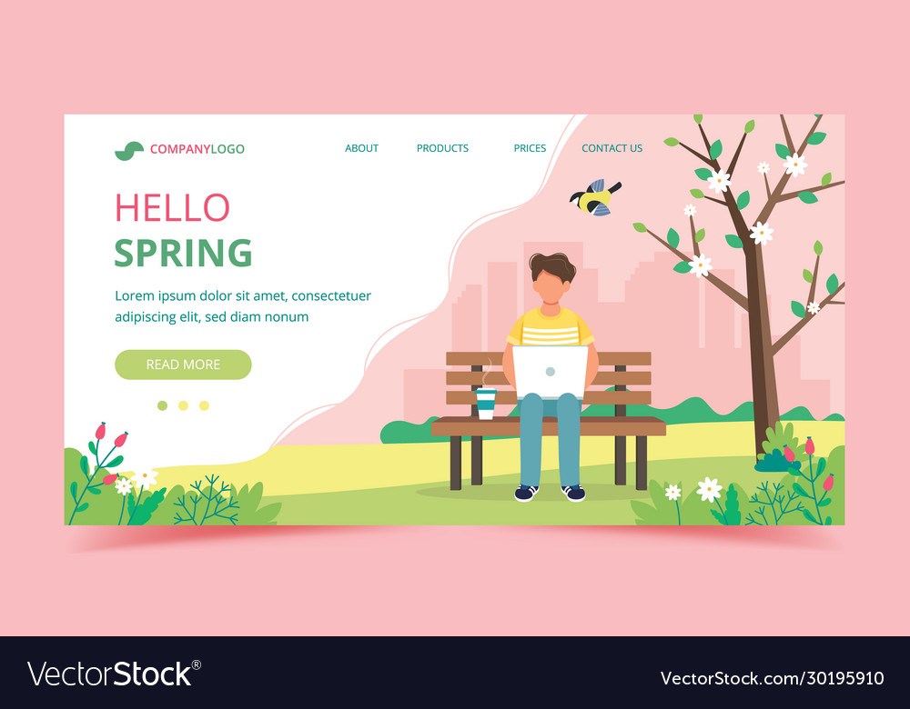 Man with laptop sitting on bench and spring Vector Image